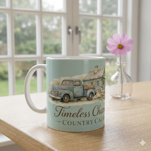 Vintage Blaue Lastwagen Hütte Wildblumen Friedlich Kaffeetasse
