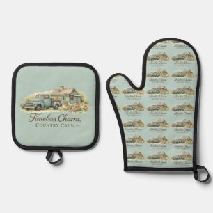 Vintage Blaue Lastwagen Hütte Wildblumen Friedlich Ofenhandschuh & Topflappen-Set