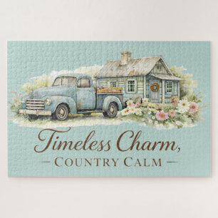 Vintage Blaue Lastwagen Hütte Wildblumen Friedlich Puzzle