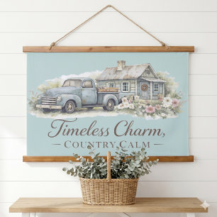 Vintage Blaue Lastwagen Hütte Wildblumen Friedlich Wandteppich Mit Holzrahmen