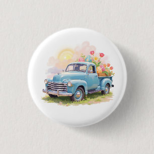 Vintage Blaue Lastwagen mit Ostereiern & Tulpen Button