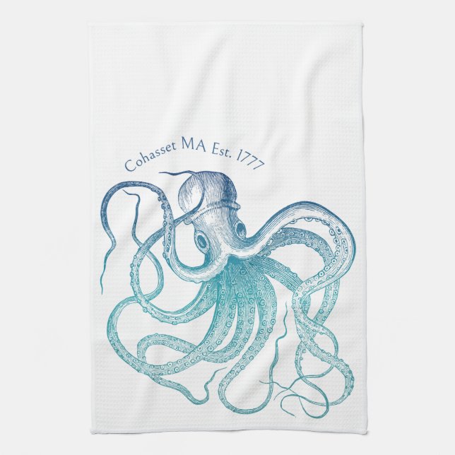 Vintage Blaue Meer-Oktopus Geschirrtuch (Vertikal)