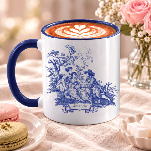 Vintage Blaue Monogramm-Toile De Jouy Französische Tasse