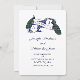 Vintage blaue Pfau-Save the Date Karte