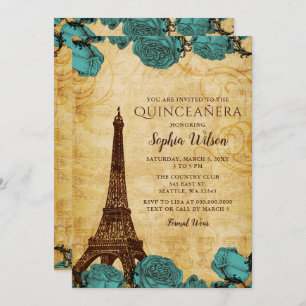 Vintage blaue Rose Eiffelturm Quinceañera Einladung