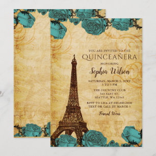 Vintage Blaue Rosen Eiffelturm Quinceañera Einladung