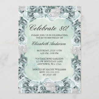 Vintage blaue Rosen und Feder-80. Einladung