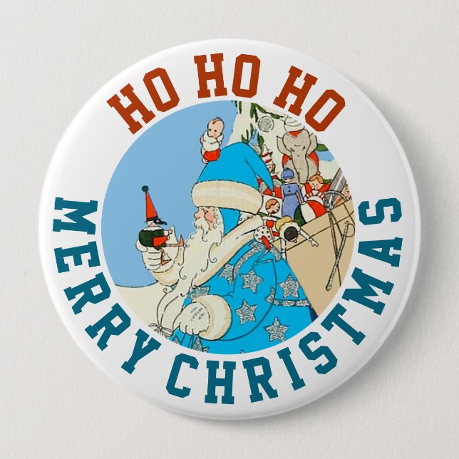 Vintage blaue Sankt mit Weihnachtsspielwaren Button (Vorderseite)