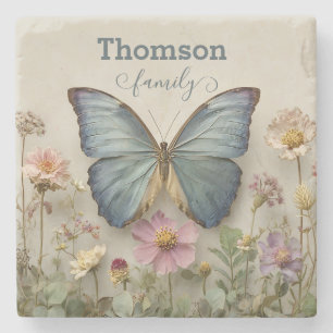 Vintage Blaue Schmetterling Florale Gartenfamilie Steinuntersetzer