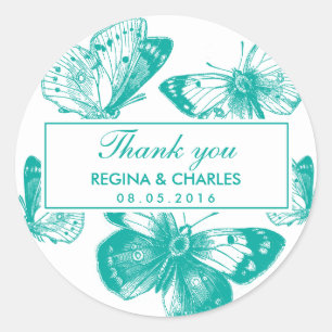 Vintage Blaue Schmetterling Hochzeit Danke Aufkleb Runder Aufkleber