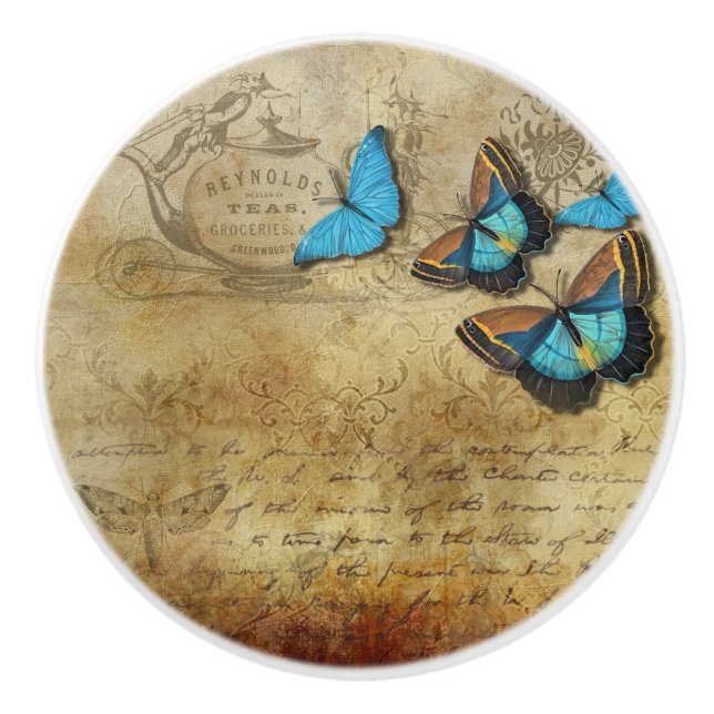 Vintage blaue Schmetterlinge Keramikknauf (Vorderseite)