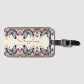 Vintage Blaue Schmetterlinge und Blumen für die Fa Gepäckanhänger