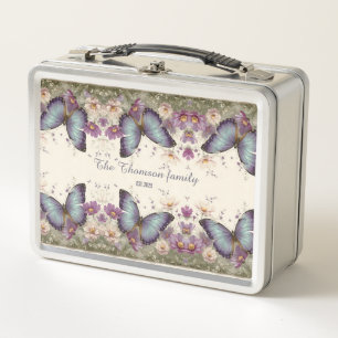 Vintage Blaue Schmetterlinge und Blumen für die Fa Metall Brotdose