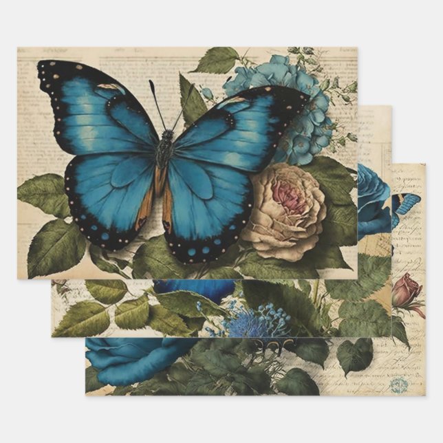 Vintage blaue Schmetterlinge und Rose Dekoupage Geschenkpapier Set (Set)