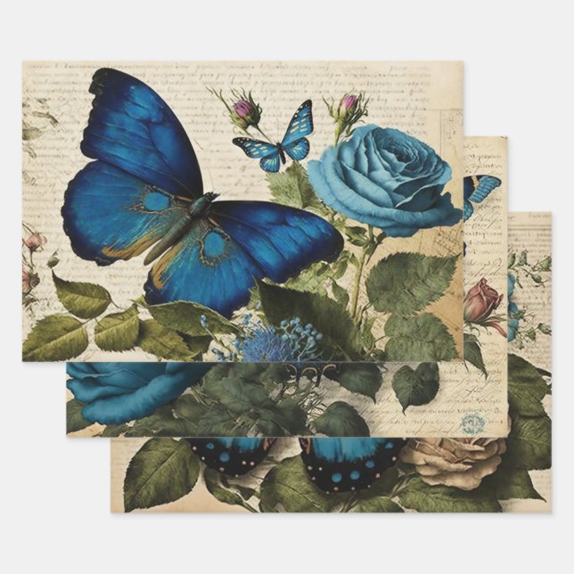 Vintage blaue Schmetterlinge und Rose Dekoupage Geschenkpapier Set (Set)