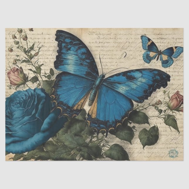 Vintage blaue Schmetterlinge und Rose Dekoupage Seidenpapier (Vorderseite)