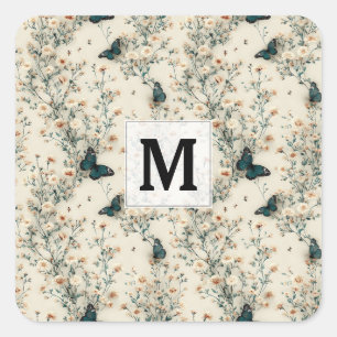 Vintage Blaue Schmetterlings-Blumen-Monogramm Quadratischer Aufkleber