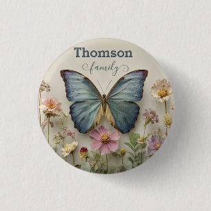 Vintage Blaue Schmetterlings-Blumengarten-Familie Button