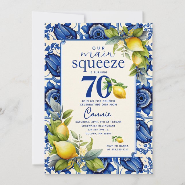 Vintage blaue Tile Gelbe Lemon 70. Geburtstag Einladung (Vorderseite)