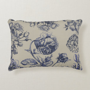 Vintage Blaue Toile-Botanik-Blumenmuster im Antiks Dekokissen