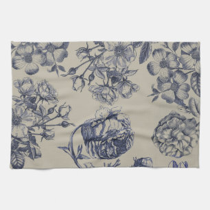 Vintage Blaue Toile-Botanik-Blumenmuster im Antiks Geschirrtuch