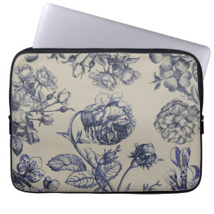 Vintage Blaue Toile-Botanik-Blumenmuster im Antiks Laptopschutzhülle