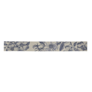 Vintage Blaue Toile-Botanik-Blumenmuster im Antiks Satinband
