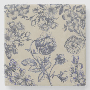 Vintage Blaue Toile-Botanische Blumenmuster Antiqu Steinuntersetzer