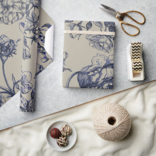Vintage Blaue Toile-Botanische Blumige Antiquität Geschenkpapier