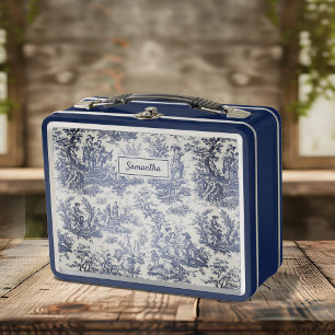 Vintage Blaue Toile de Jouy Französische Szene Metall Brotdose