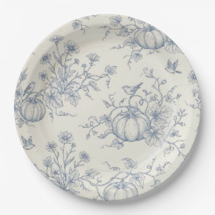 Vintage Blaue Toile-Kürbis Französisches Landhaus Pappteller