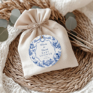 Vintage Blaue Toile-Teddybär-Baby-Party Geschenkanhänger