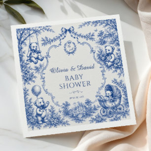 Vintage Blaue Toile-Teddybär-Baby-Party Serviette