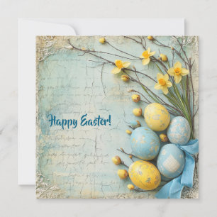 Vintage blaue und gelbe Ostereier und Narzissen Feiertagskarte