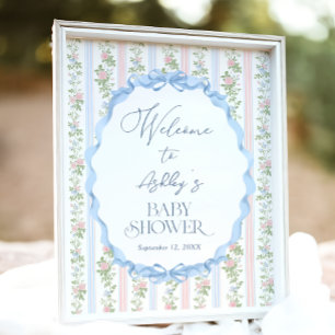 Vintage Blaue und Rosa Florale Babyparty Begrüßung Poster