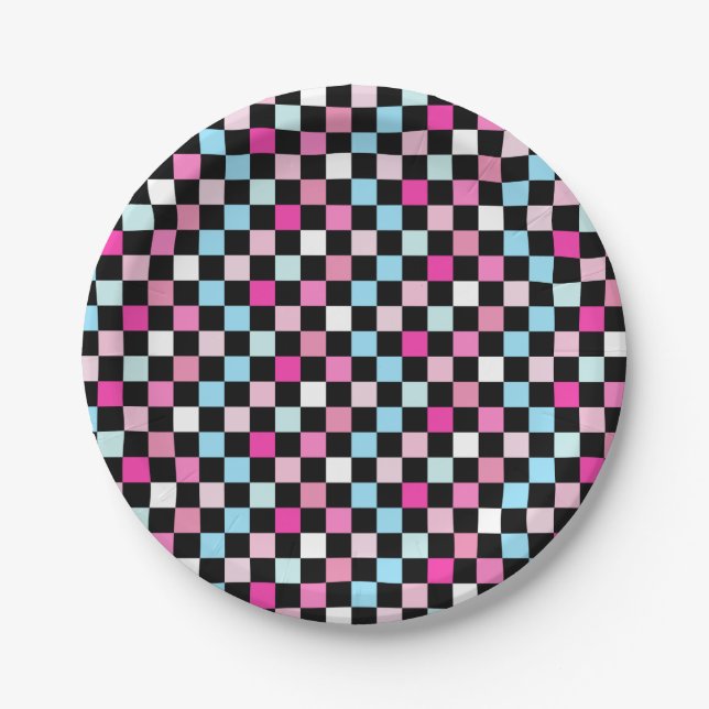 Vintage blaue und rosa karierte Papierplatten Pappteller (Vorderseite)