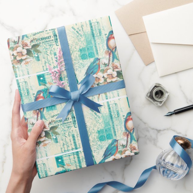 Vintage Blaue Vögel auf der französischen Ephemera Geschenkpapier (Schenken)