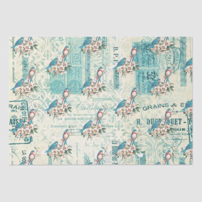 Vintage Blaue Vögel auf der französischen Ephemera Seidenpapier (Vorderseite)
