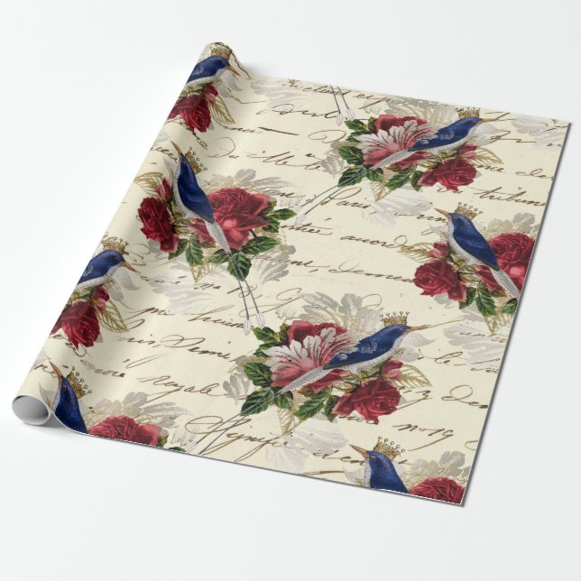 Vintage Blaue Vögel mit Kronen und Rose Geschenkpapier (Ungerollt)