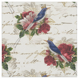 Vintage Blaue Vögel mit Kronen und Rose Stoff