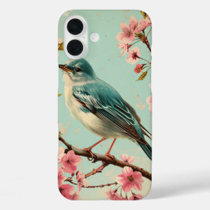 Vintage blaue Vogel rosa Kirschblüten floral  iPhone 16 Plus Hülle
