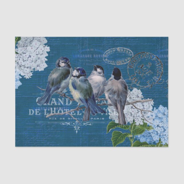 Vintage Blaue Vogelarten Blume Französisches Geweb Seidenpapier (Vorderseite)