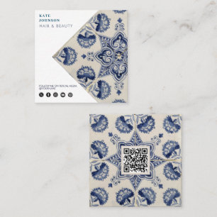 Vintage Blaue Weiße Geometrische Blumen QR-Code Quadratische Visitenkarte