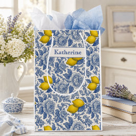 Vintage Blaue Zitrone Botanisches Muster Name Mittlere Geschenktüte