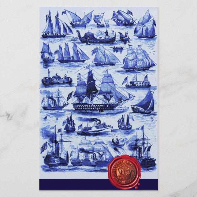 VINTAGE BLAUENSCHIFFE, SEGELSCHIFFE, Rotes Siegel Briefpapier (Vorderseite)