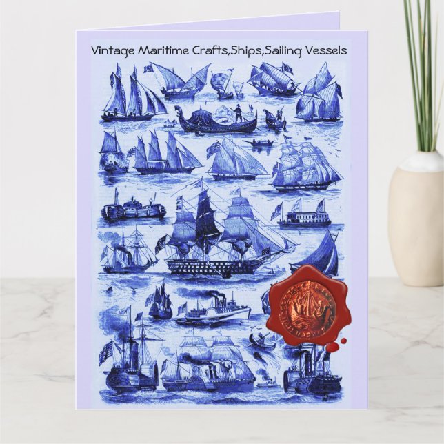 VINTAGE BLAUENSCHIFFE, SEGELSCHIFFE, Rotes Siegel Karte (Vorderseite)