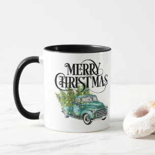 Vintage-Blauer-LKW-Weihnachtsbaum-Retro-Geschenkta Tasse