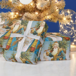 Vintage blauer Mantel Weihnachtsmann mit Weihnacht Geschenkpapier