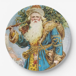 Vintage blauer Mantel Weihnachtsmann mit Weihnacht Pappteller