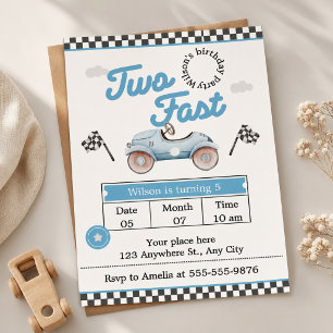 Vintage Blauer Rennwagen "Two Fast" 2. Geburtstag Einladung